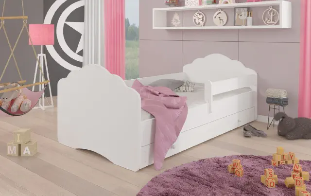 łóżko pojedyncze z materacem- barierką i szufladą cassio 160 cm do pokoju dziecięcego lub młodzieżowego w kolorze białym