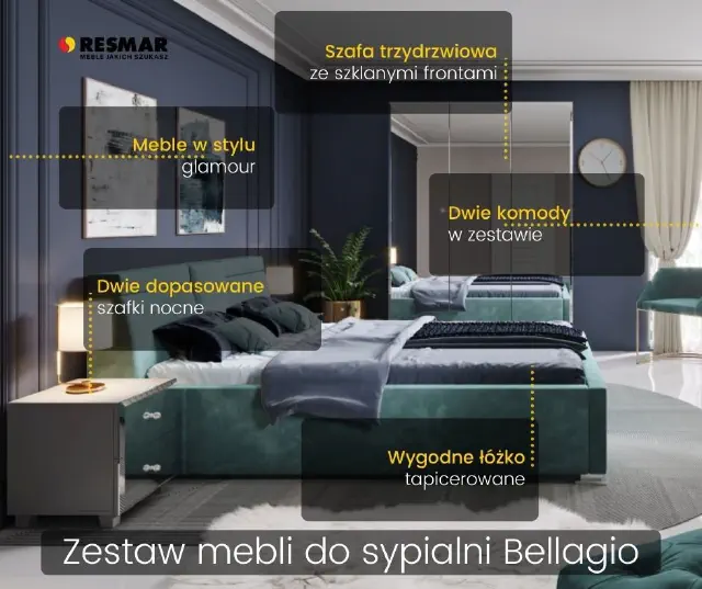 zestaw do sypialni bellagio tapicerowane łóżko i meble z szklanym frontem